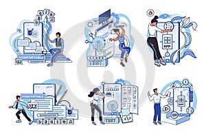 Application testing metaphor. Vector. Software testing, tool that polishes raw edges of code Application testing