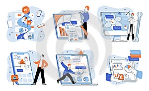 Application testing metaphor. Vector. Software testing, tool that polishes raw edges of code Application testing