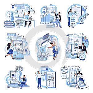 Application testing metaphor. Vector. Software testing, watchmthat keeps lookout for code anomalies Application testing