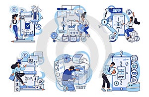 Application testing metaphor. Vector. Software testing, watchmthat keeps lookout for code anomalies Application testing