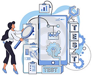 Application testing metaphor. Vector. Software testing, unsung hero ensuring every line of code functions as intended
