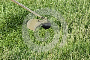 Application trimmers. Mowing green grass using a fishing line trimmer