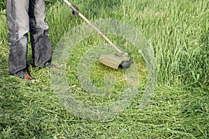 Application trimmers. Mowing green grass using a fishing line trimmer