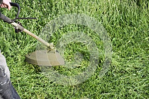 Application trimmers. Mowing green grass using a fishing line trimmer