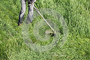 Application trimmers. Mowing green grass using a fishing line trimmer