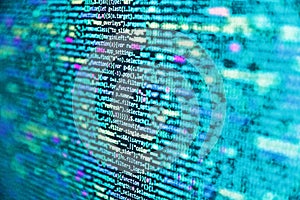 Application web source code on monitor. Big data concepts working in cyberspace environment. Code on dark background. Mobile app