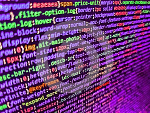 Application web source code on monitor. Information technology website coding standards for web design. Coding programmer abstract