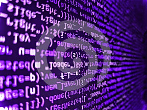 Application web source code on monitor. Modern web development background. Javascript code in bracket software. Binary computer