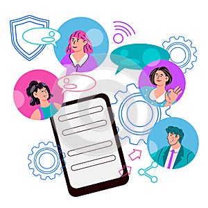 Application for work chat on mobile phone, flat vector Illustration isolated.