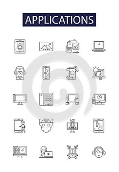 Applications line vector icons and signs. Software, Apps, Utilities, Tools, Widgets, Gadgets, Suites, Games outline