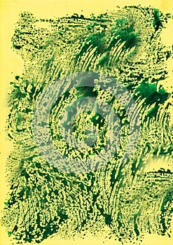 Applied strokes of watercolor paint green on yellow paper .Texture or background