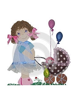 Applique a girl with stroller and balloons