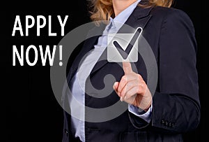 Apply now - Businesswoman with checkbox and text