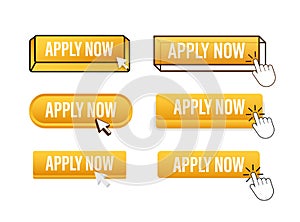 Apply now Button with pointer clicking. Apply web buttons set. User interface element in flat style. Vector illustration