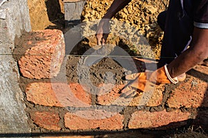 Applying Cement Mortar While Building Brick Wall