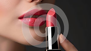 Applying Coral Lipstick on Pouty Lips. Generative ai