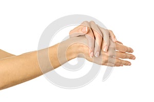 Applying cream, massaging, washing hands. Woman hand gesturing isolated on white