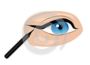 Applying eyeliner, blue eye on isolated white background