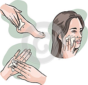 Applying moisturizer to hands, face and feet vector illustration