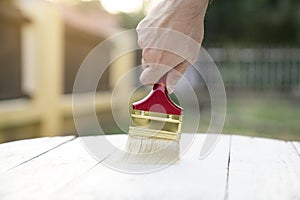 Applying protective varnish on a wooden texture