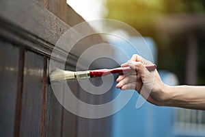 Applying protective varnish on a wooden texture