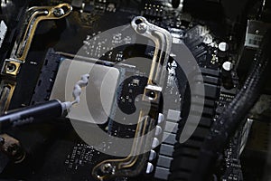 Applying thermal paste to the surface of the computer processor. Thermal interface on the processor
