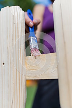 Applying transparent protective varnish on wooden fence