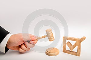 Appointment of a judge, election to a constitutional court. Control over the government elections. A wooden checkmark and a hammer