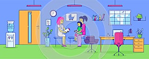 Appointment pediatrician doctor vector illustration, cartoon flat line mother character with daughter patient visit