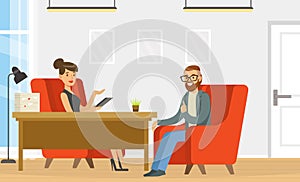 Appointment with Psychologist with Bearded Man Having Therapy Session Vector Illustration