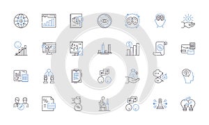 Appraise and scrutinize line icons collection. Evaluate, Inspect, Gauge, Assess, Survey, Examine, Analyze vector and