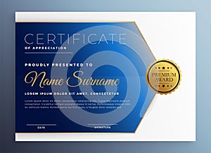 Appreciation certificate template in blue theme