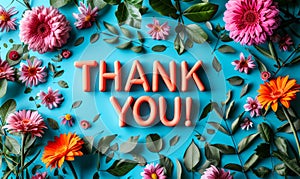 Appreciation message THANK YOU! in bold letters on a speech bubble cutout, placed on a vibrant blue background, symbolizing