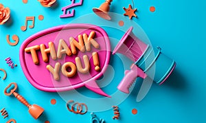 Appreciation message THANK YOU! in bold letters on a speech bubble cutout, placed on a vibrant blue background, symbolizing