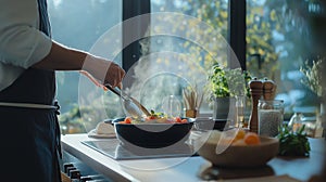 apprentice chef carefully preparing a dish in a bustling restaurant kitchen