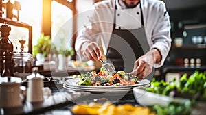 apprentice chef carefully preparing a dish in a bustling restaurant kitchen