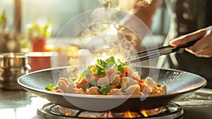 apprentice chef carefully preparing a dish in a bustling restaurant kitchen