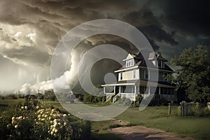the approach of a huge tornado to a residential building