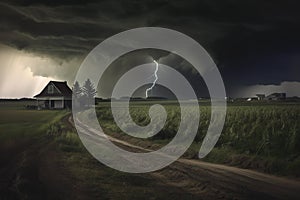 the approach of a huge tornado to a residential building on a farm in a field