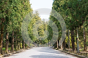 Approach at Mausoleum of Emperor Meiji in Fushimi, Kyoto, Japan. Emperor Meiji 1852-1912 was the