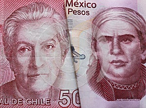 approach to chilean banknote of 5000 pesos and mexican banknote of fifty pesos