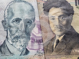 approach to Costa Rican banknote of 2000 colones and Japanese banknote of 1000 yen