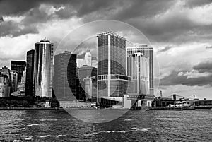 Manhattan as Viewed from the Staten Island Ferry - south eastern tip - black and white