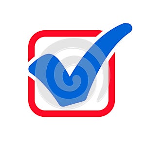 Approval check icon isolated, blue checkmark in red box, quality sign, tick â€“ vector