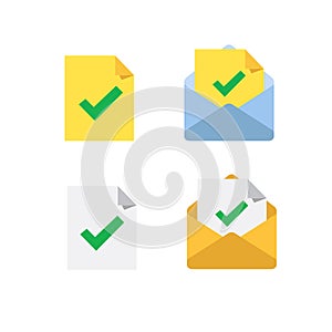 Approve or check tick icons set. Document verification, email confirmation, certificate, check mark, review, checking process, photo