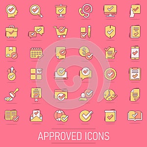 Approve icon set in comic style. Check mark cartoon vector illustration on isolated background. Tick accepted splash effect