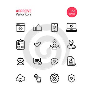 Approve line icon set. Editable Stoke. Tick, checklist, thumb up, pointing, quality control, certificate. Vector on isolated white