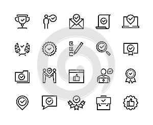 Approve line icons. Quality guaranteed payment approval and verification certificate outline symbols. Vector check mark