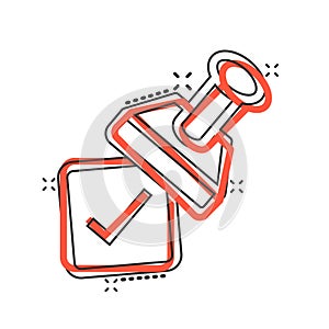 Approve stamp icon in comic style. Accept check mark cartoon vector illustration on white isolated background. Approval choice