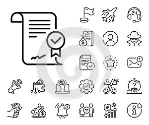 Approved agreement line icon. Verified document sign. Salaryman, gender equality and alert bell. Vector